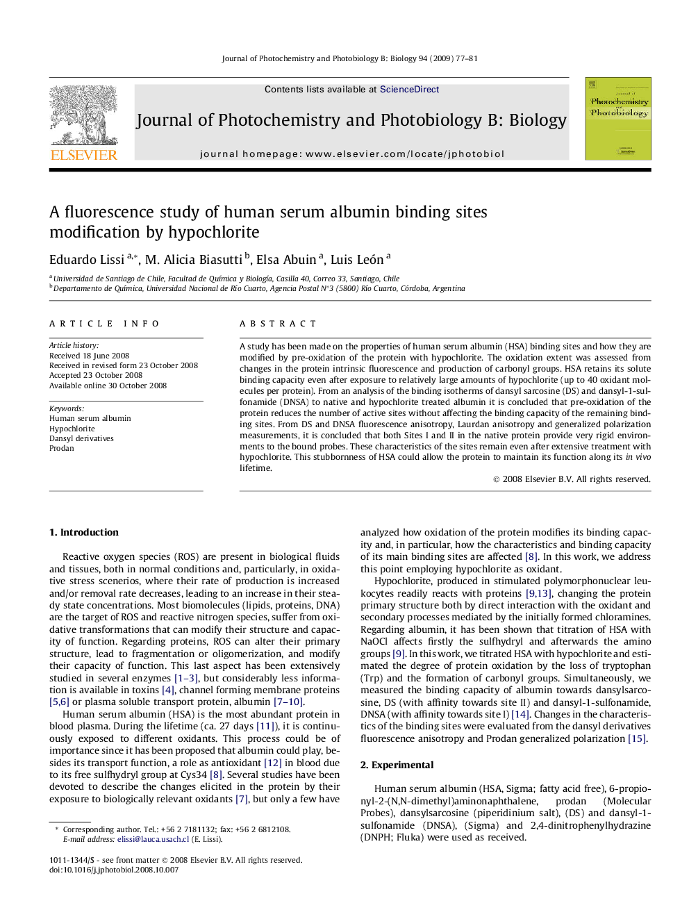 A fluorescence study of human serum albumin binding sites modification by hypochlorite