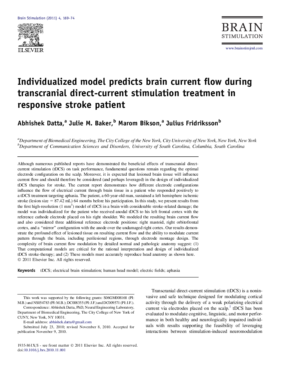 Individualized model predicts brain current flow during transcranial direct-current stimulation treatment in responsive stroke patient 