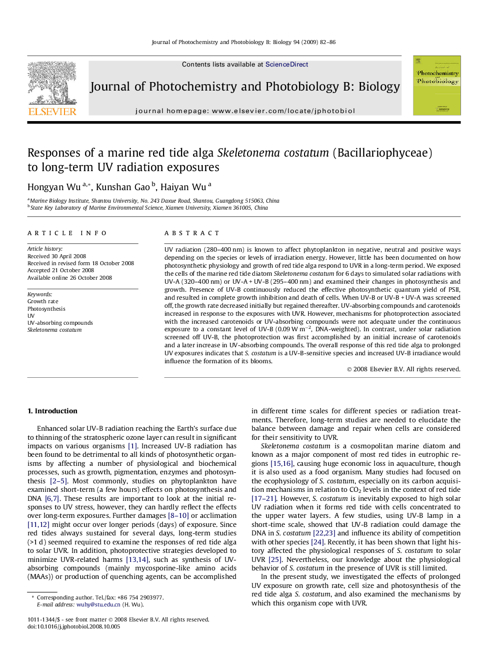 Responses of a marine red tide alga Skeletonema costatum (Bacillariophyceae) to long-term UV radiation exposures