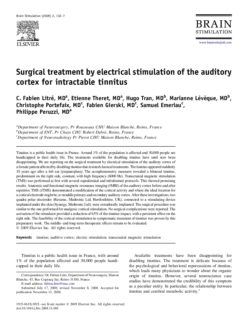 Surgical treatment by electrical stimulation of the auditory cortex for intractable tinnitus