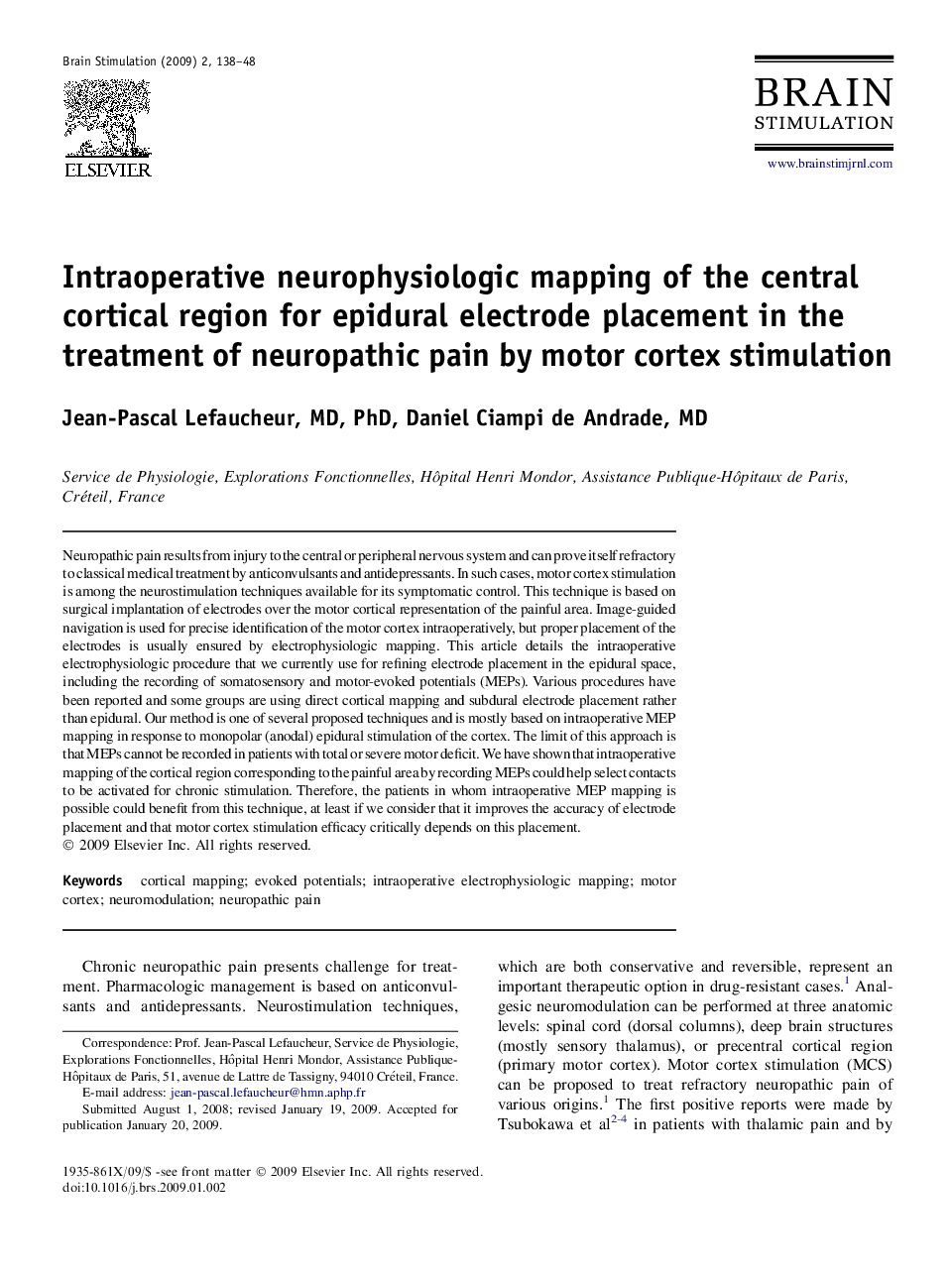 Intraoperative neurophysiologic mapping of the central cortical region for epidural electrode placement in the treatment of neuropathic pain by motor cortex stimulation