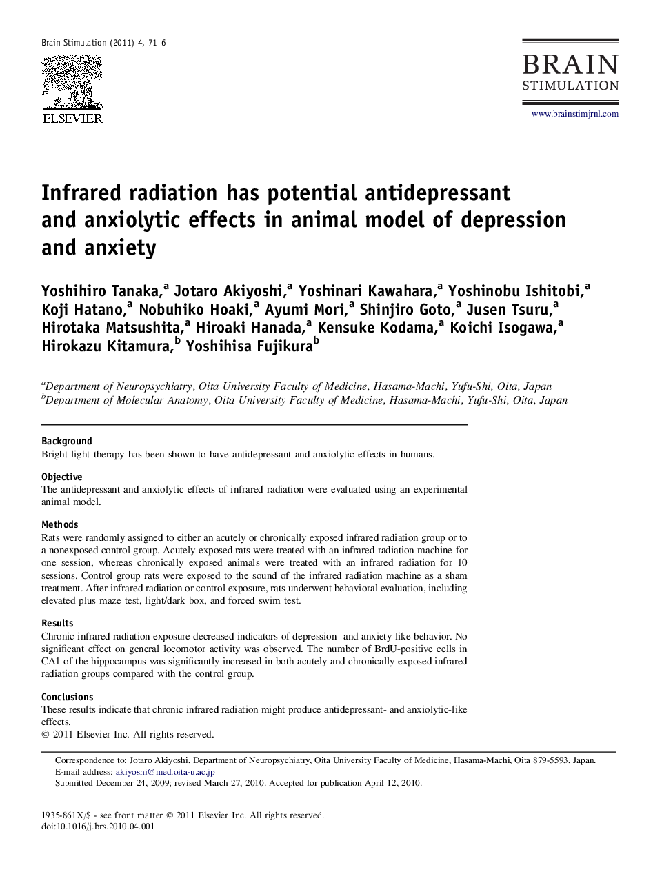 Infrared radiation has potential antidepressant and anxiolytic effects in animal model of depression and anxiety