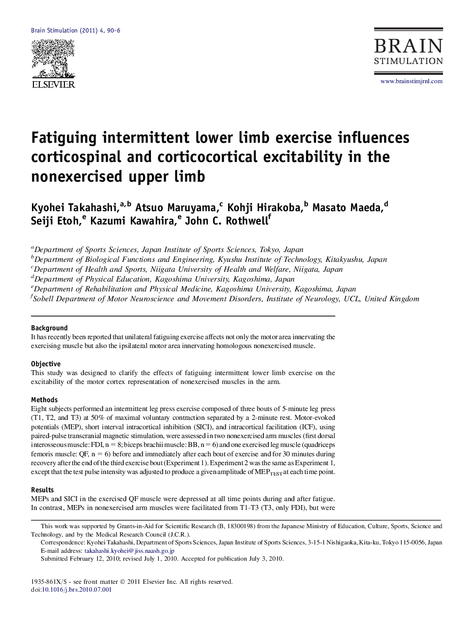 Fatiguing intermittent lower limb exercise influences corticospinal and corticocortical excitability in the nonexercised upper limb 