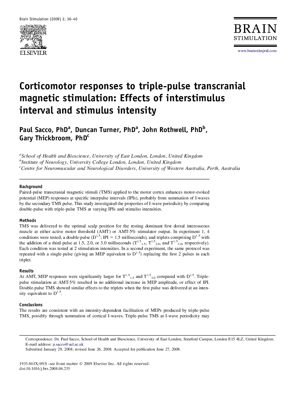 Corticomotor responses to triple-pulse transcranial magnetic stimulation: Effects of interstimulus interval and stimulus intensity