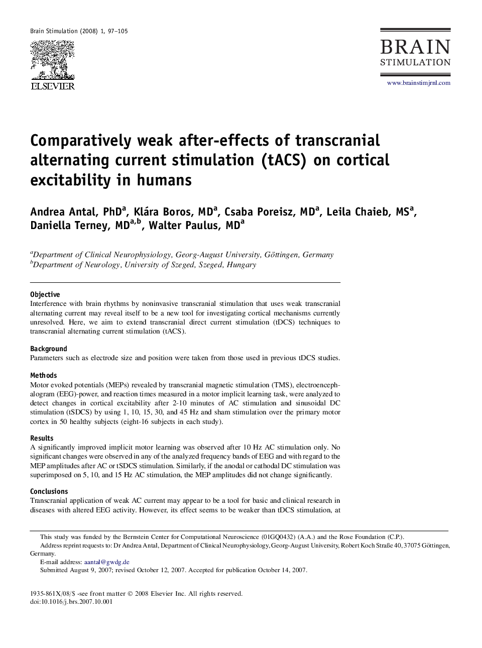 Comparatively weak after-effects of transcranial alternating current stimulation (tACS) on cortical excitability in humans 