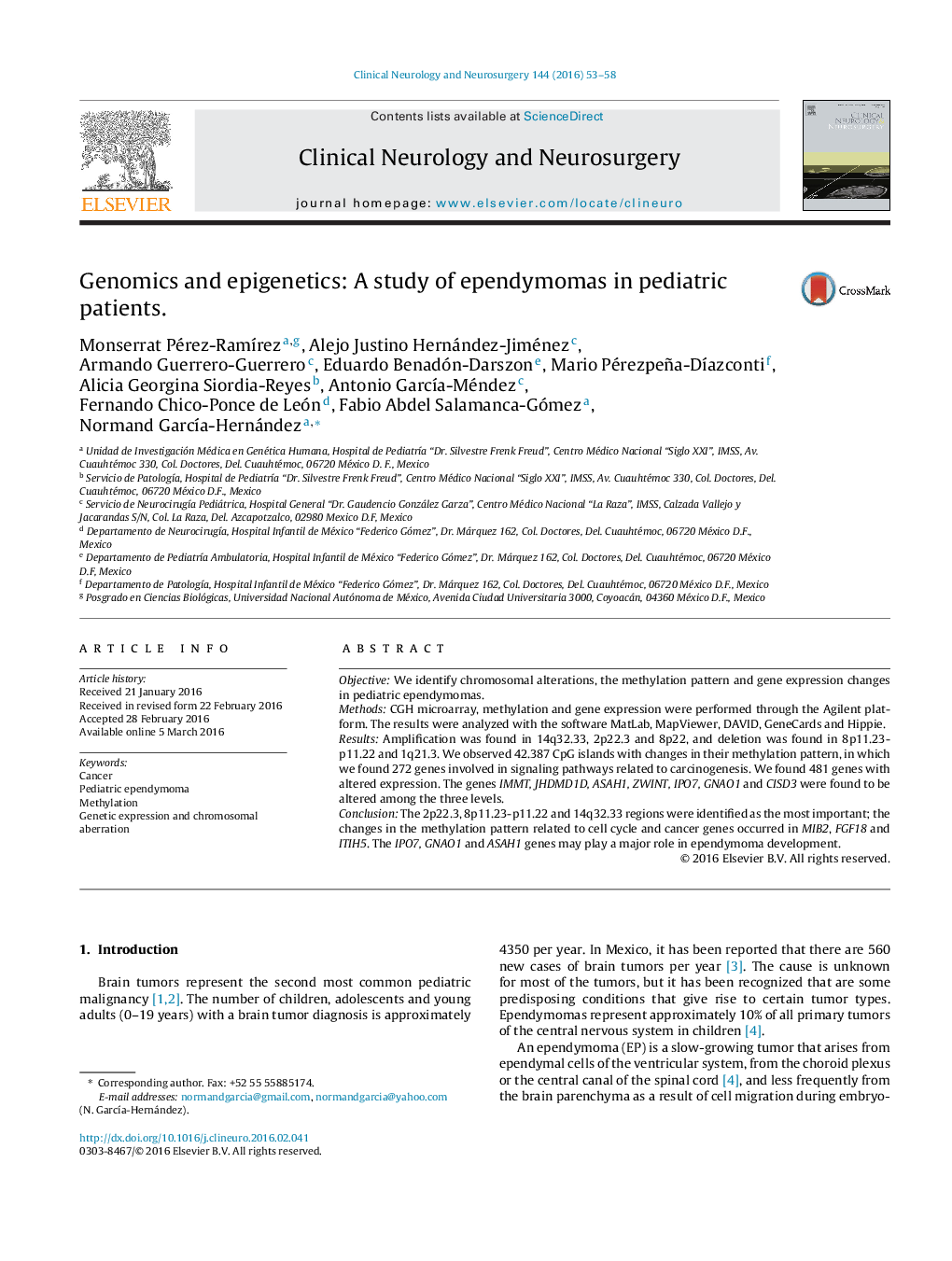 Genomics and epigenetics: A study of ependymomas in pediatric patients.