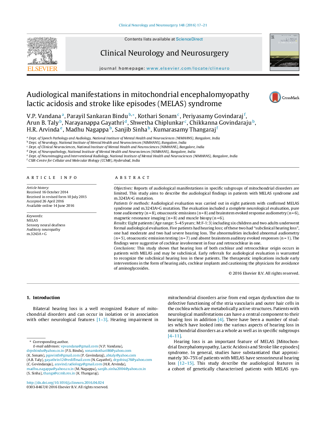 Audiological manifestations in mitochondrial encephalomyopathy lactic acidosis and stroke like episodes (MELAS) syndrome