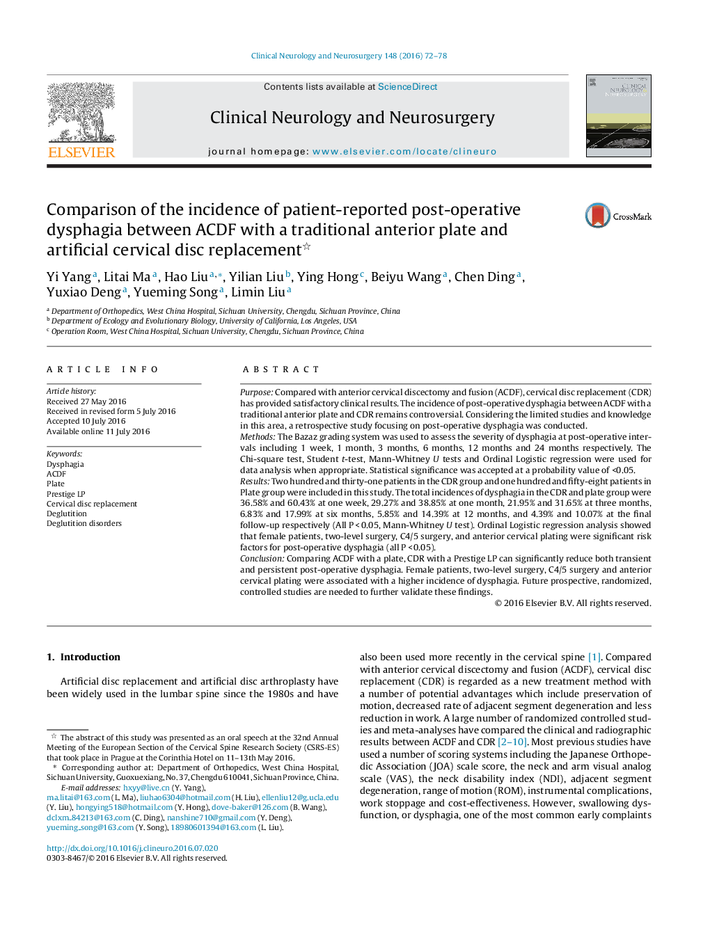 Comparison of the incidence of patient-reported post-operative dysphagia between ACDF with a traditional anterior plate and artificial cervical disc replacement 