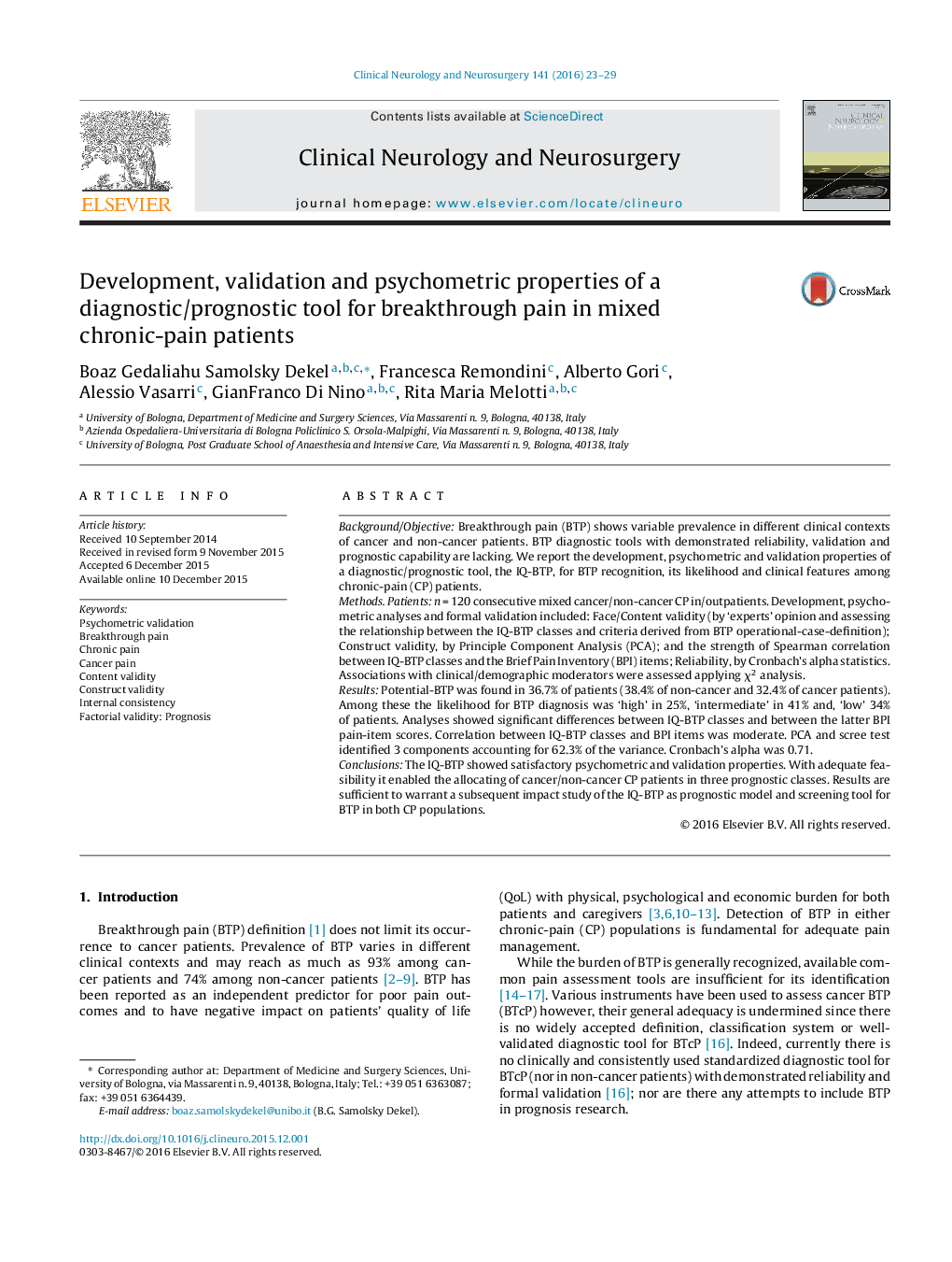 Development, validation and psychometric properties of a diagnostic/prognostic tool for breakthrough pain in mixed chronic-pain patients