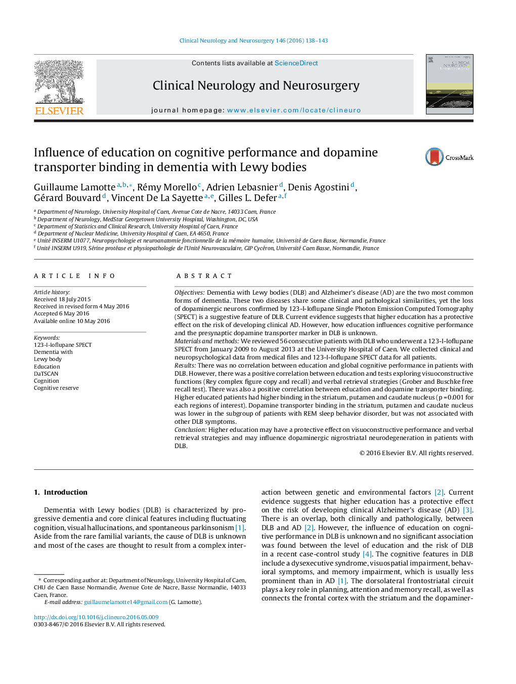 Influence of education on cognitive performance and dopamine transporter binding in dementia with Lewy bodies