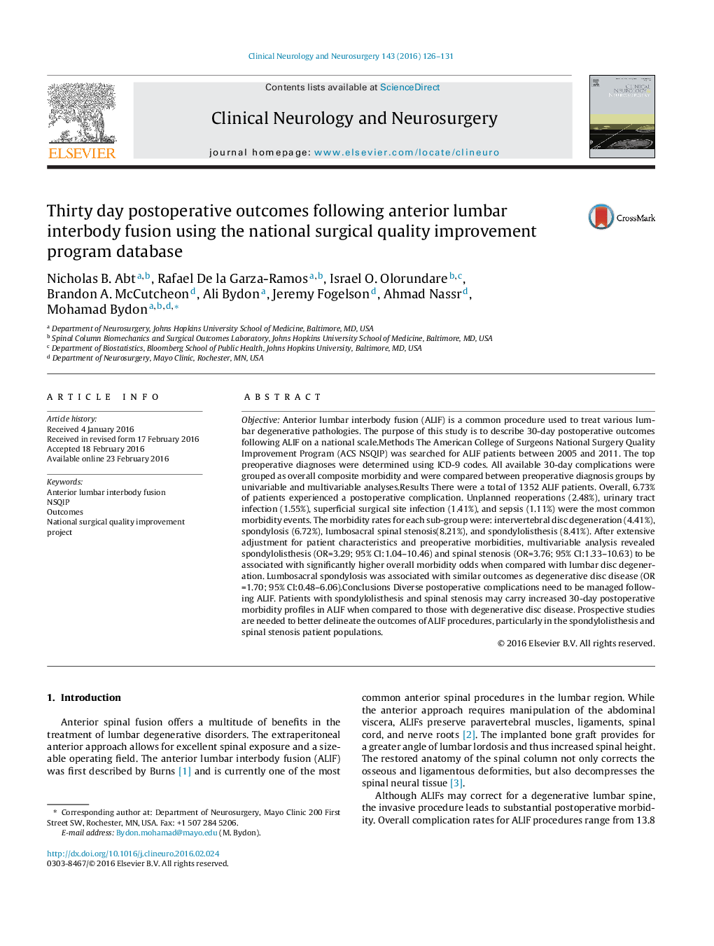 Thirty day postoperative outcomes following anterior lumbar interbody fusion using the national surgical quality improvement program database