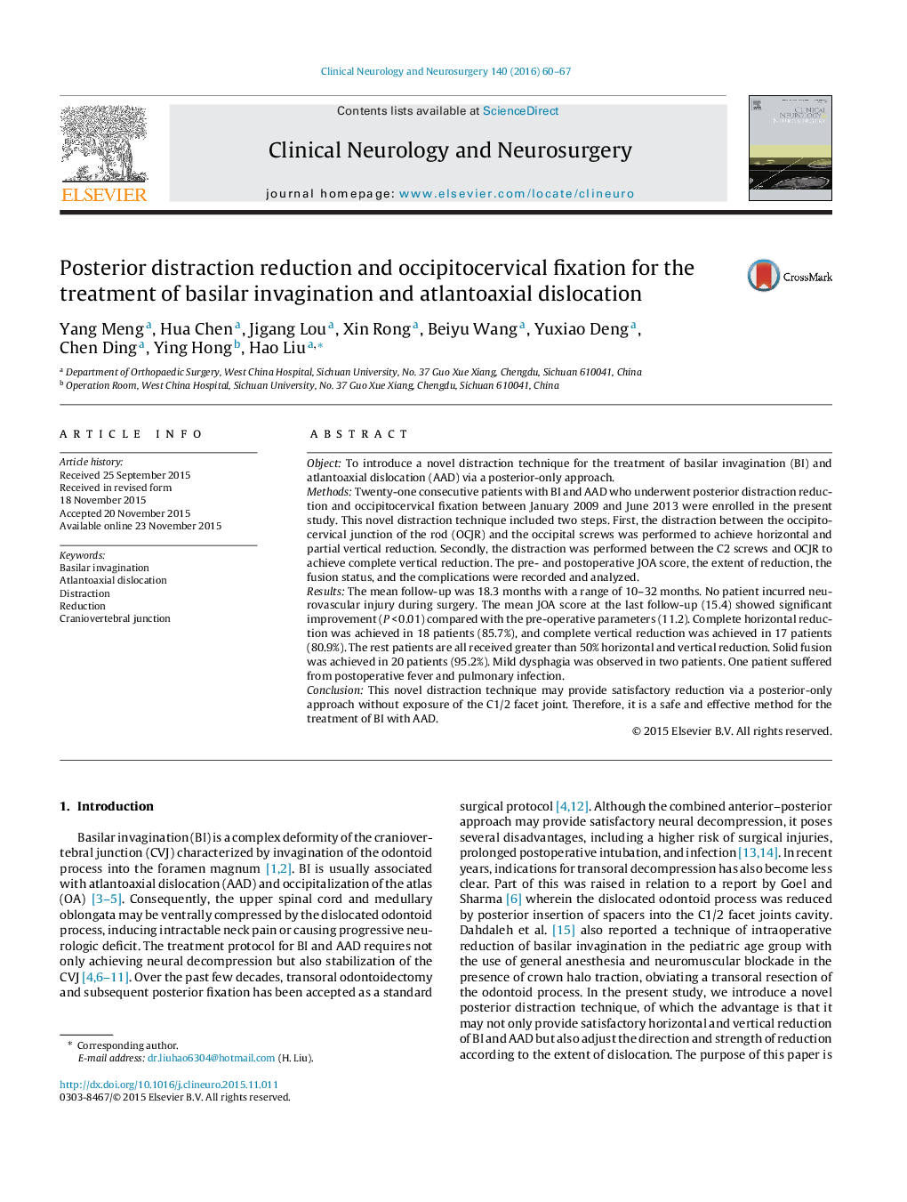 Posterior distraction reduction and occipitocervical fixation for the treatment of basilar invagination and atlantoaxial dislocation