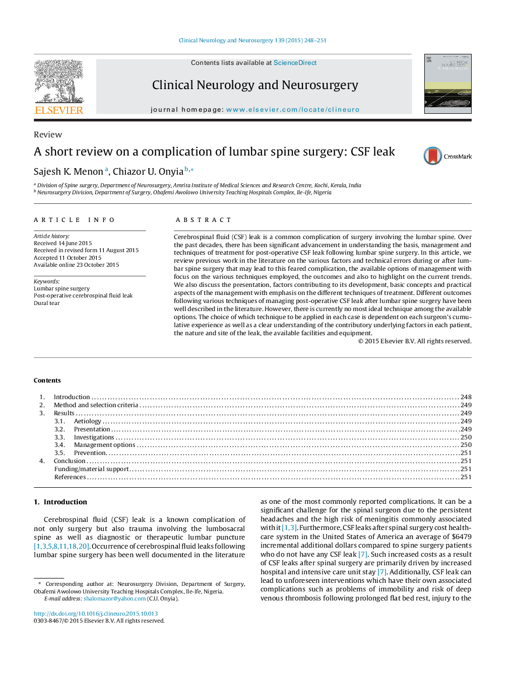 A short review on a complication of lumbar spine surgery: CSF leak