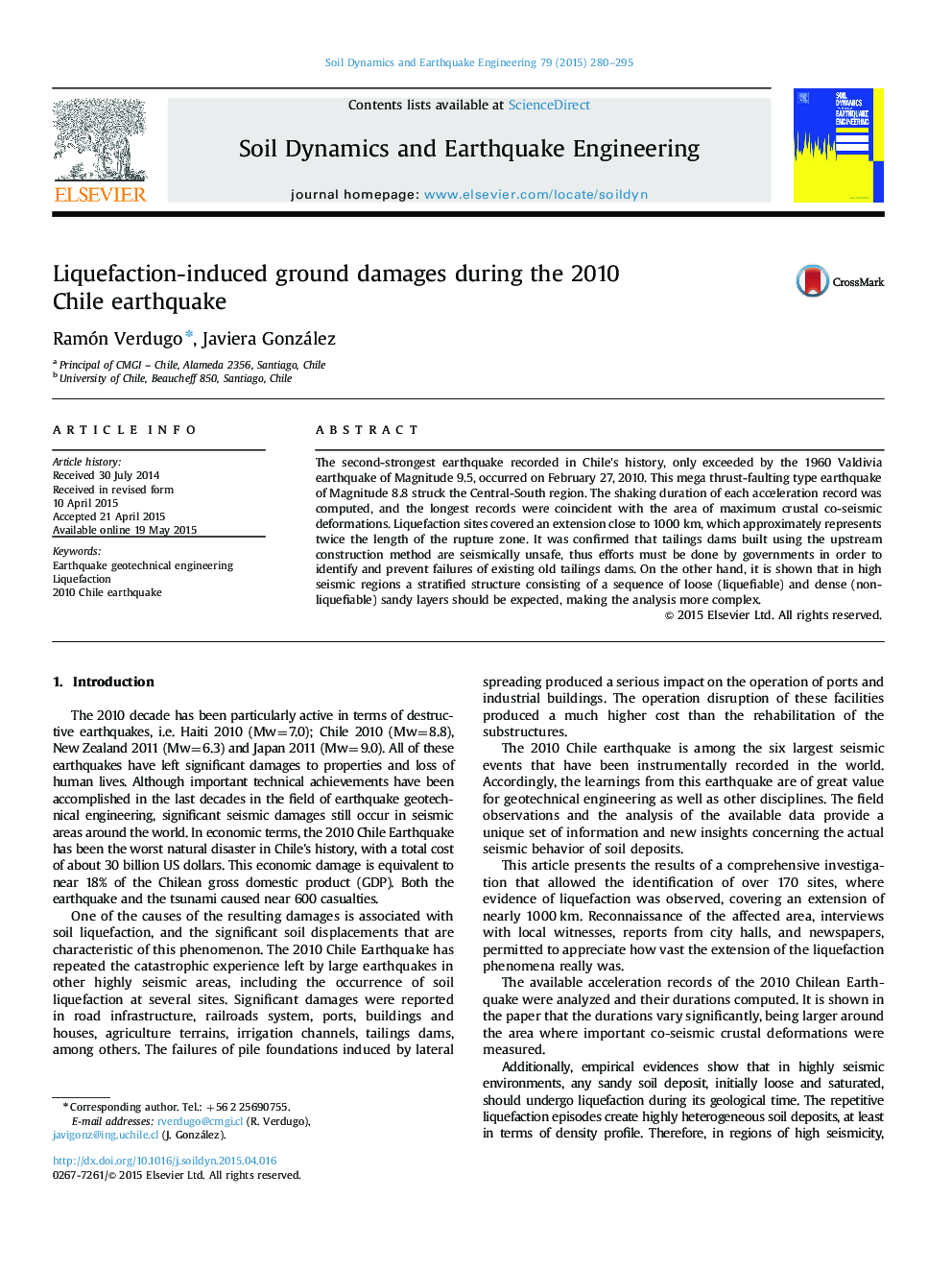 Liquefaction-induced ground damages during the 2010 Chile earthquake