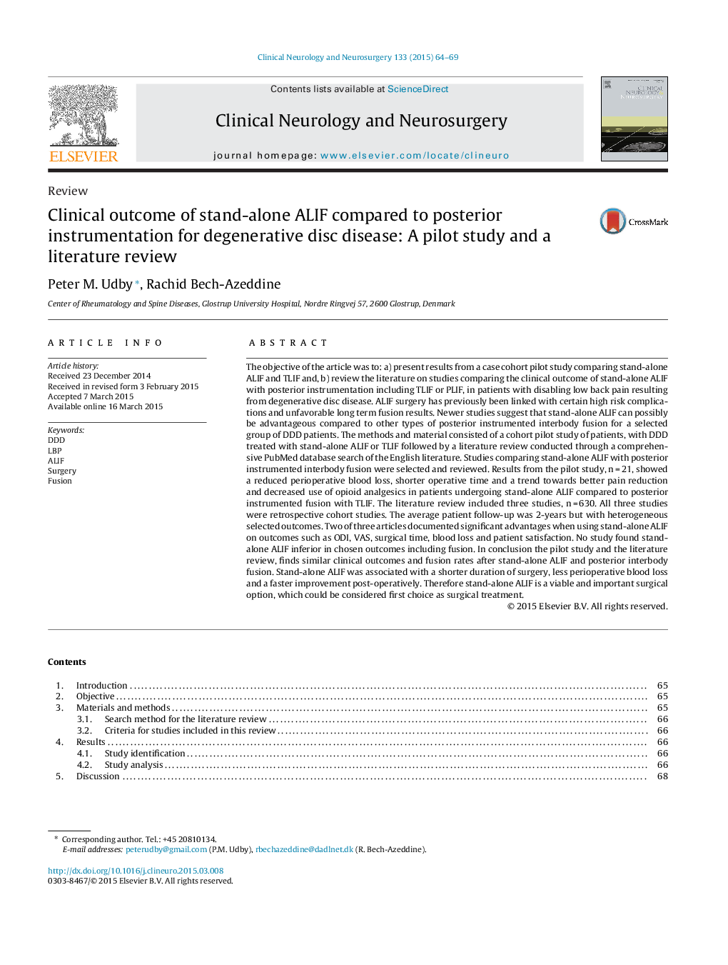 Clinical outcome of stand-alone ALIF compared to posterior instrumentation for degenerative disc disease: A pilot study and a literature review