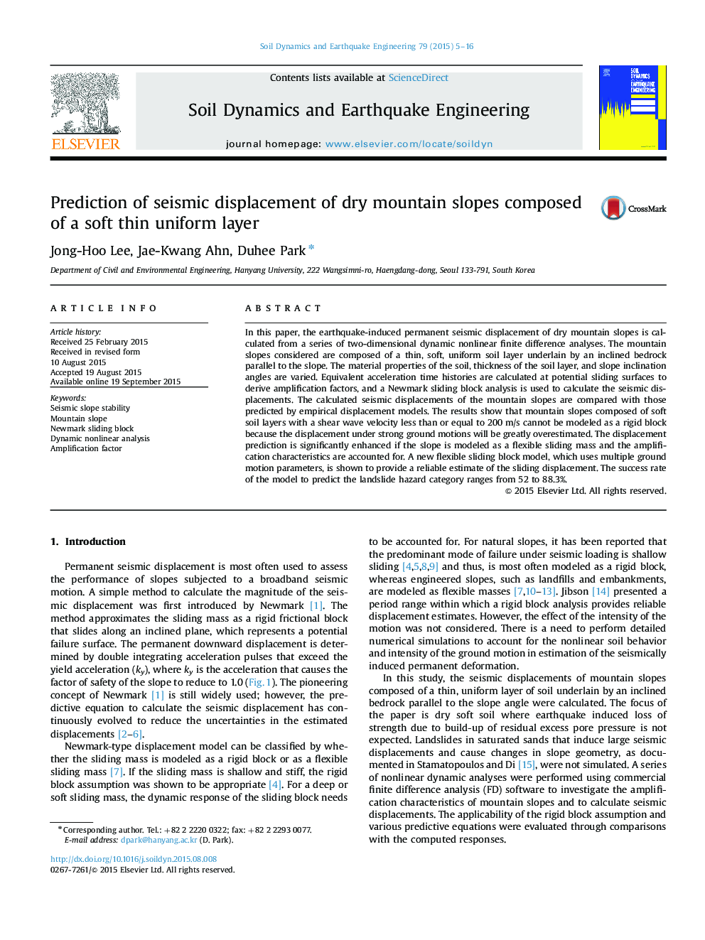 Prediction of seismic displacement of dry mountain slopes composed of a soft thin uniform layer