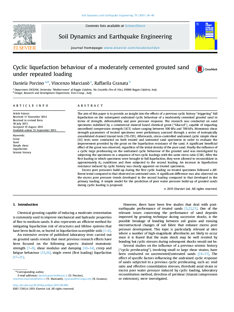 Cyclic liquefaction behaviour of a moderately cemented grouted sand under repeated loading