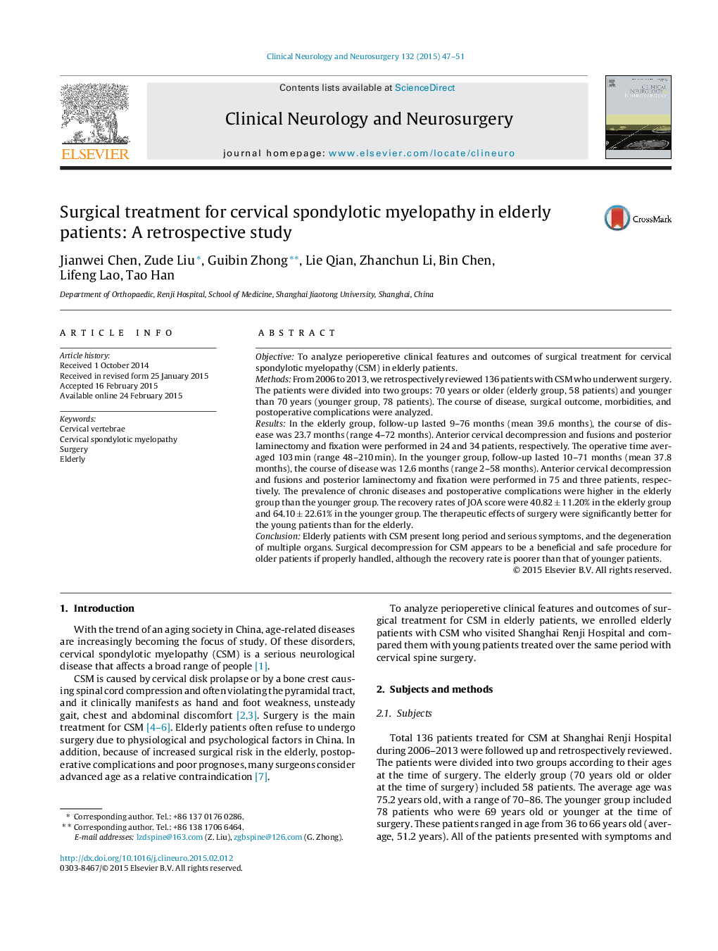 Surgical treatment for cervical spondylotic myelopathy in elderly patients: A retrospective study