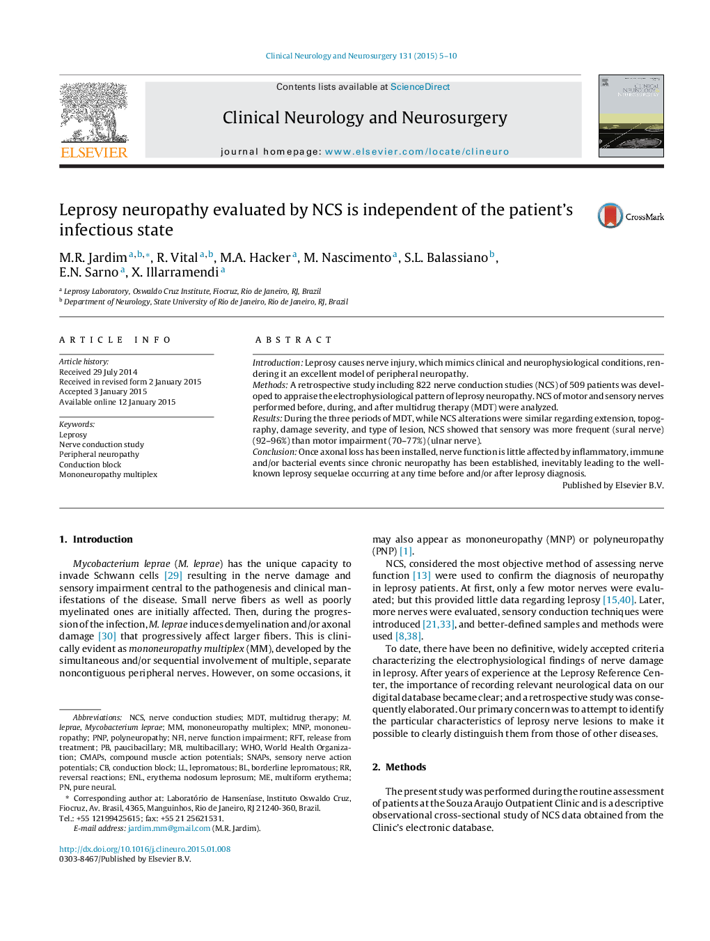 Leprosy neuropathy evaluated by NCS is independent of the patient's infectious state