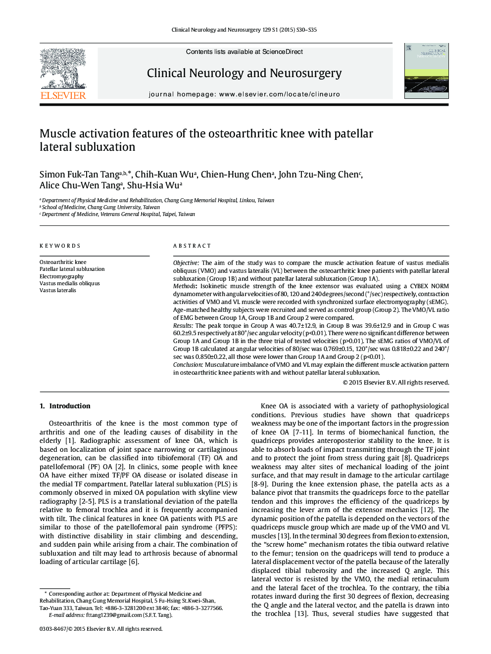 Muscle activation features of the osteoarthritic knee with patellar lateral subluxation