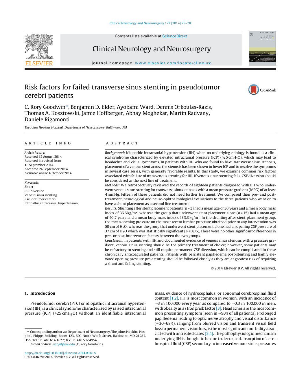 Risk factors for failed transverse sinus stenting in pseudotumor cerebri patients