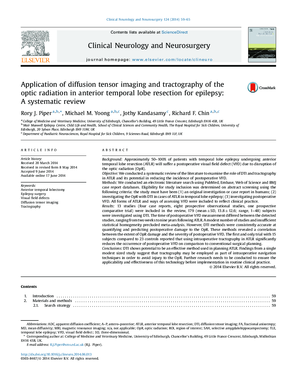 Application of diffusion tensor imaging and tractography of the optic radiation in anterior temporal lobe resection for epilepsy: A systematic review