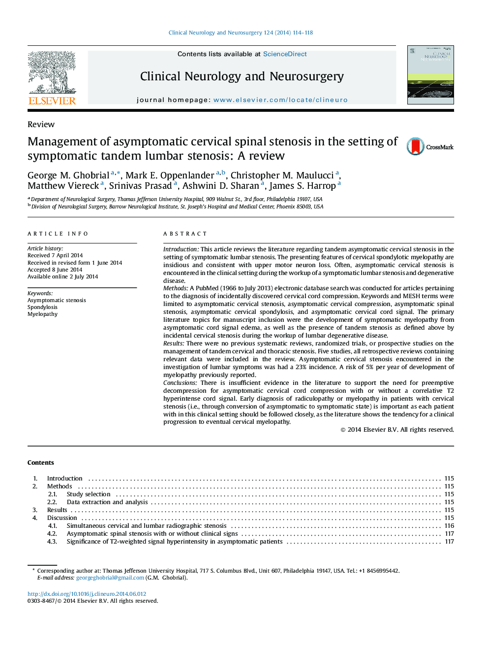 Management of asymptomatic cervical spinal stenosis in the setting of symptomatic tandem lumbar stenosis: A review