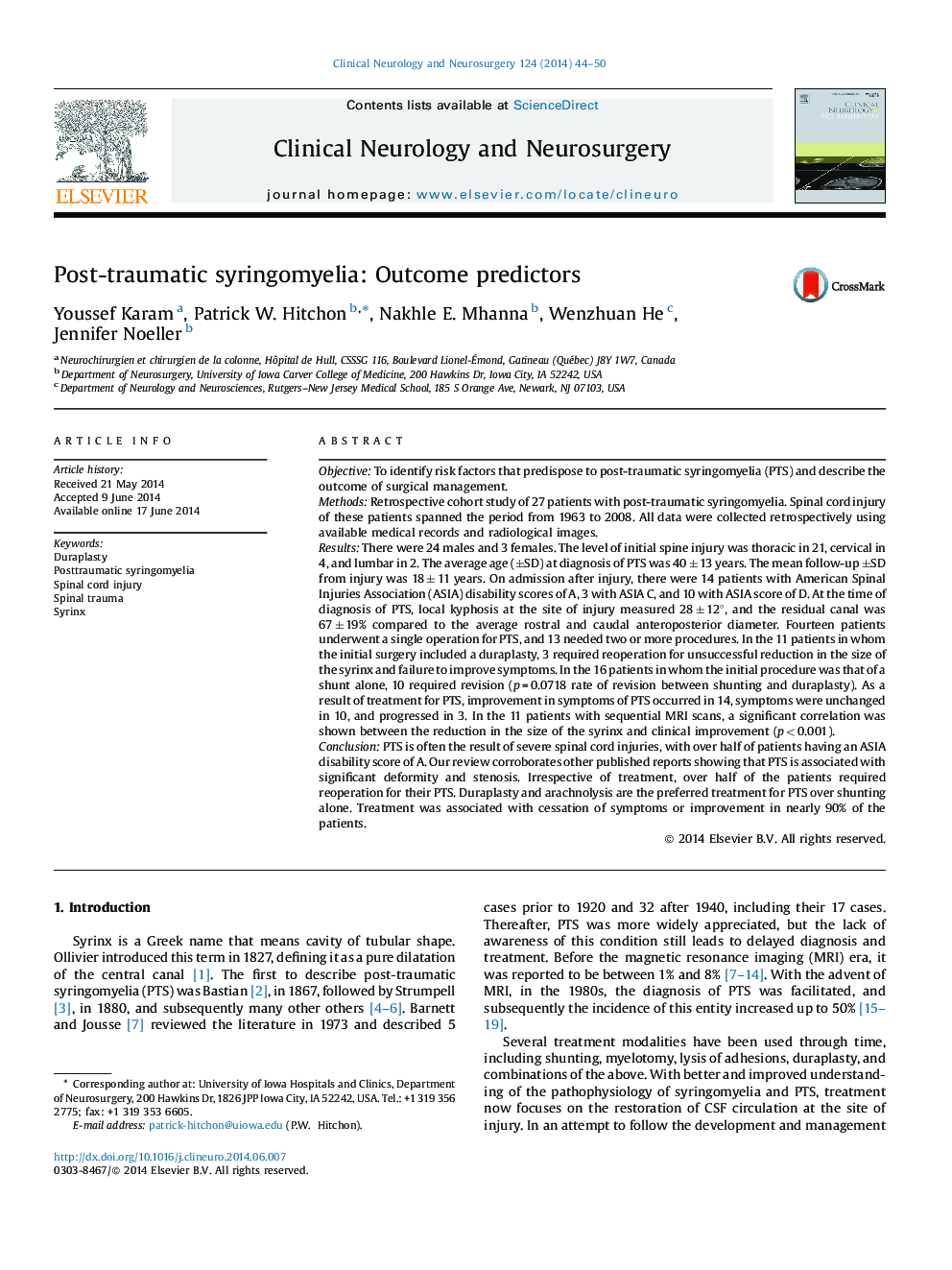 Post-traumatic syringomyelia: Outcome predictors