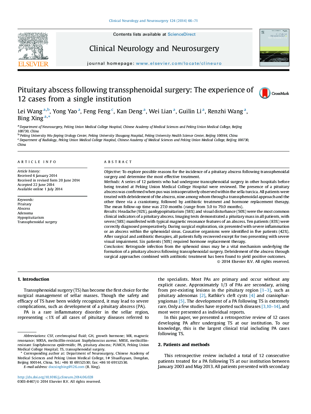 Pituitary abscess following transsphenoidal surgery: The experience of 12 cases from a single institution