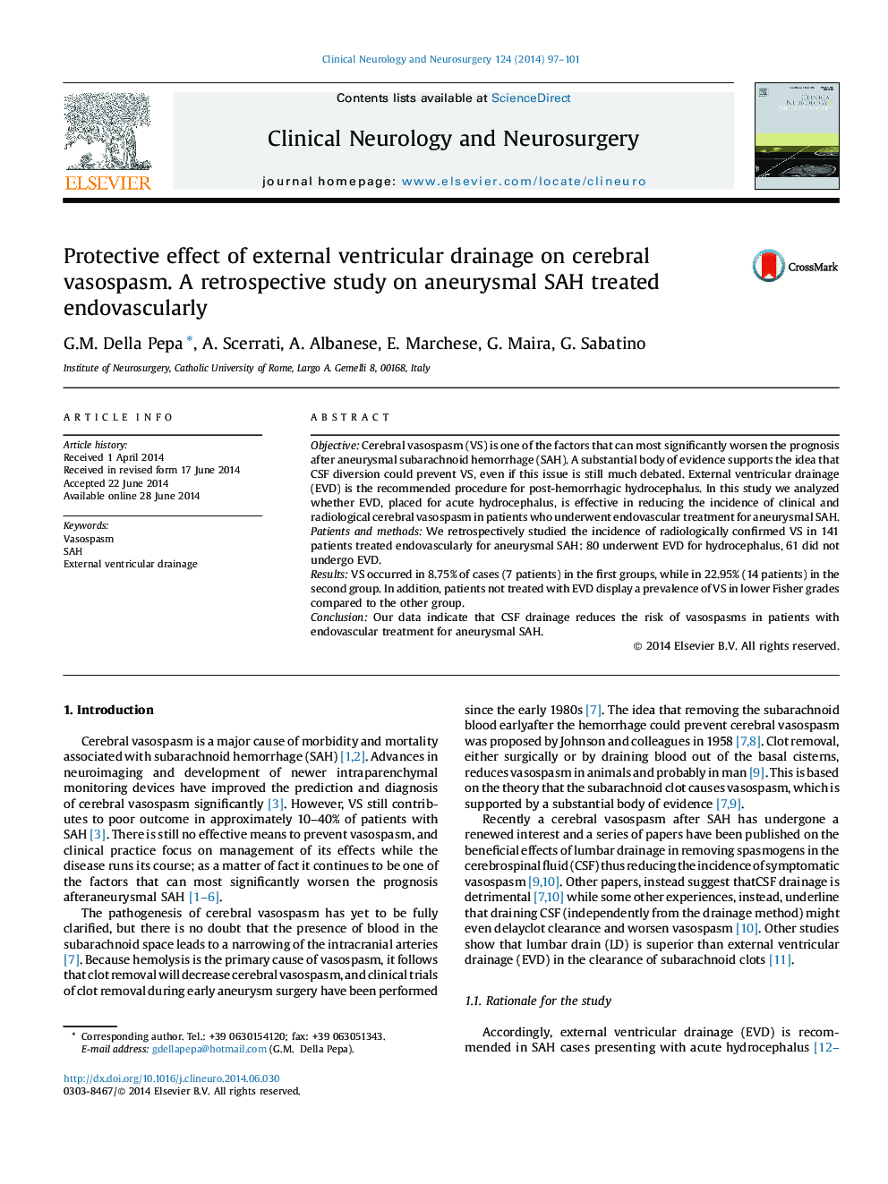 Protective effect of external ventricular drainage on cerebral vasospasm. A retrospective study on aneurysmal SAH treated endovascularly