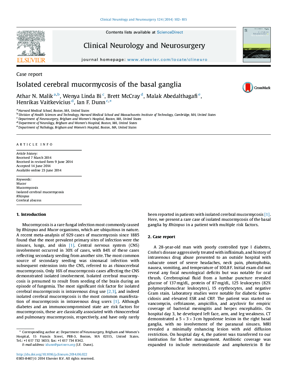 Isolated cerebral mucormycosis of the basal ganglia