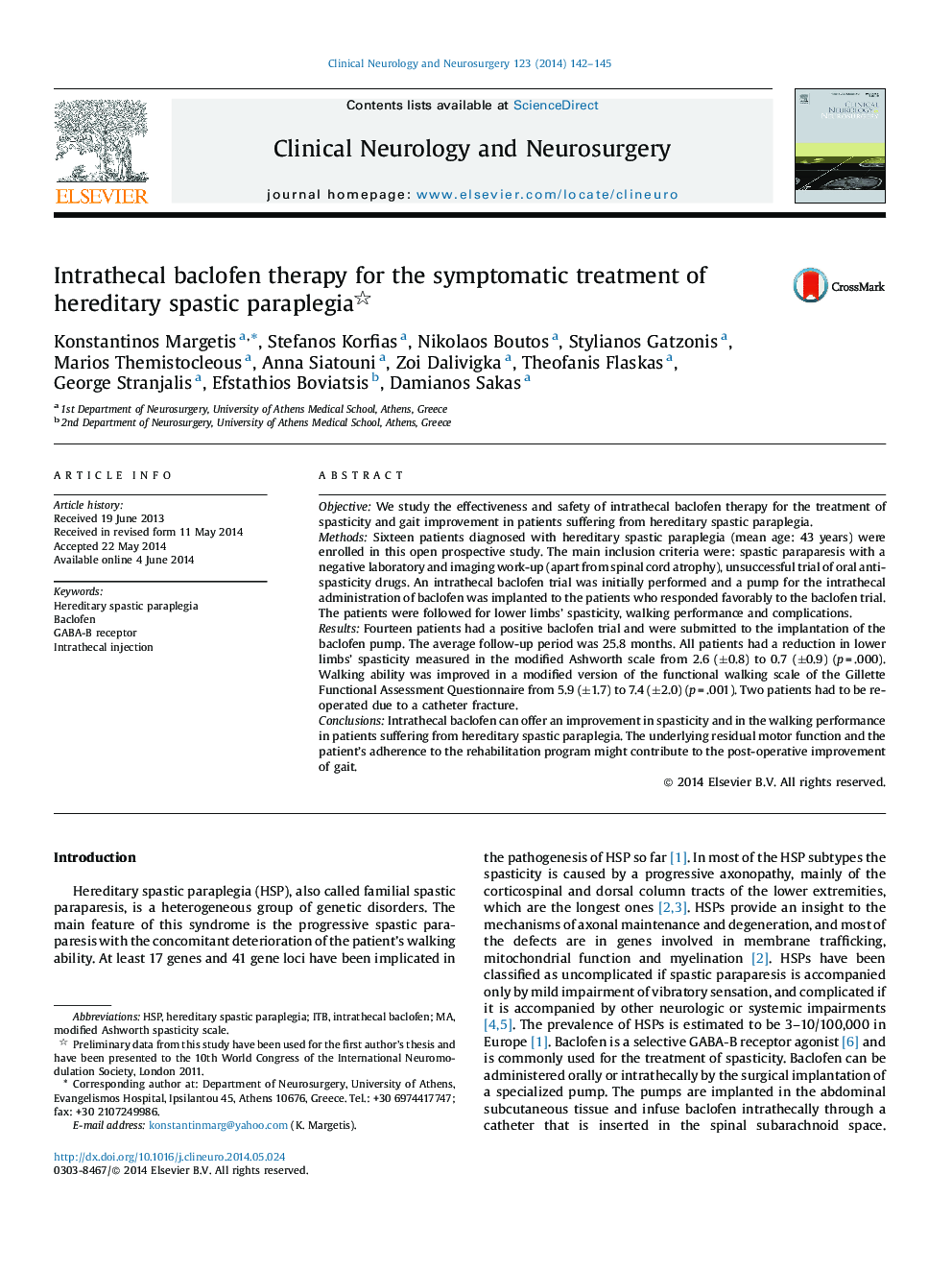 Intrathecal baclofen therapy for the symptomatic treatment of hereditary spastic paraplegia 