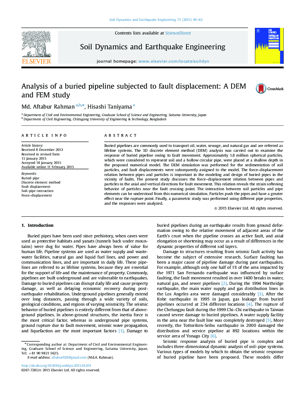 Analysis of a buried pipeline subjected to fault displacement: A DEM and FEM study