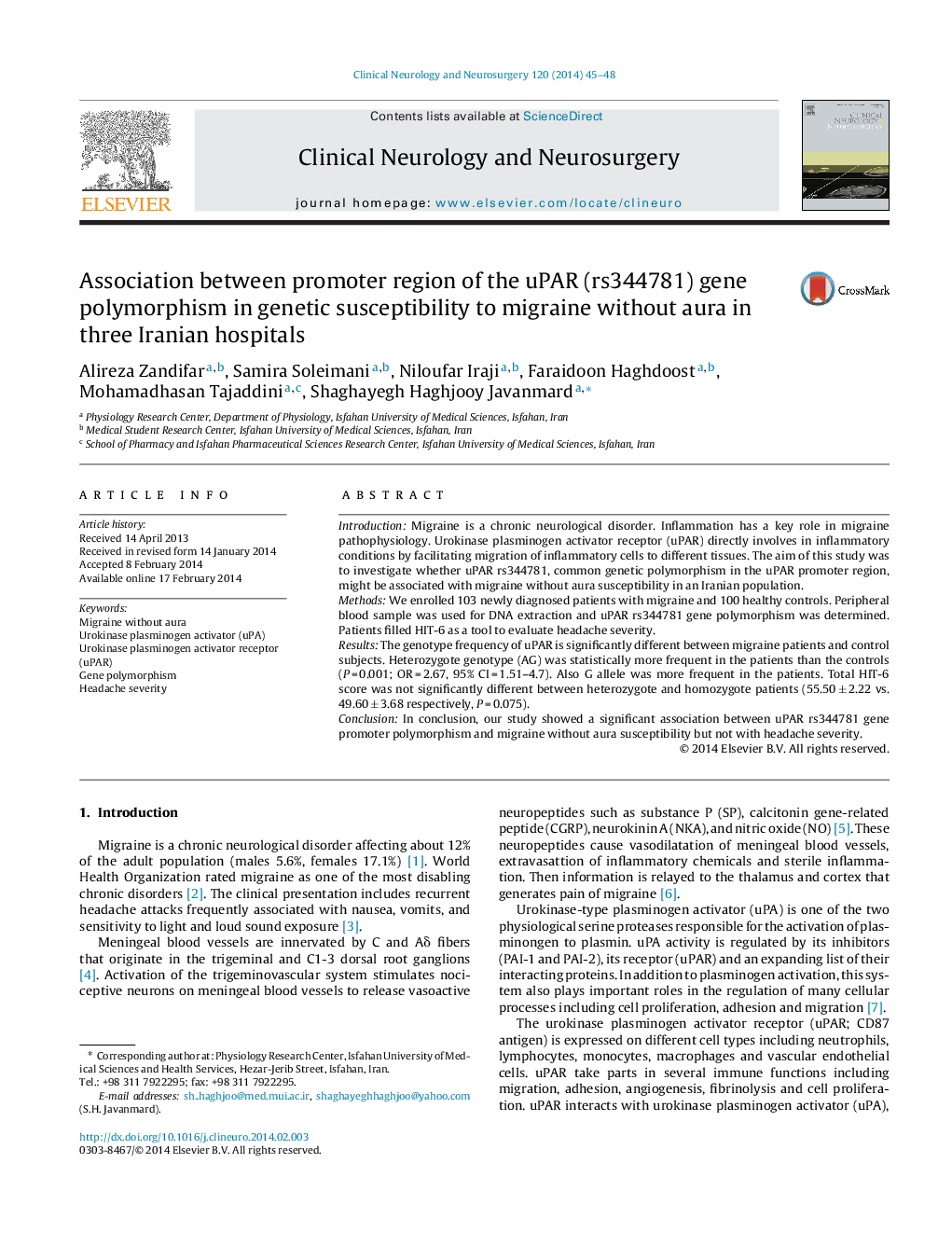 Association between promoter region of the uPAR (rs344781) gene polymorphism in genetic susceptibility to migraine without aura in three Iranian hospitals