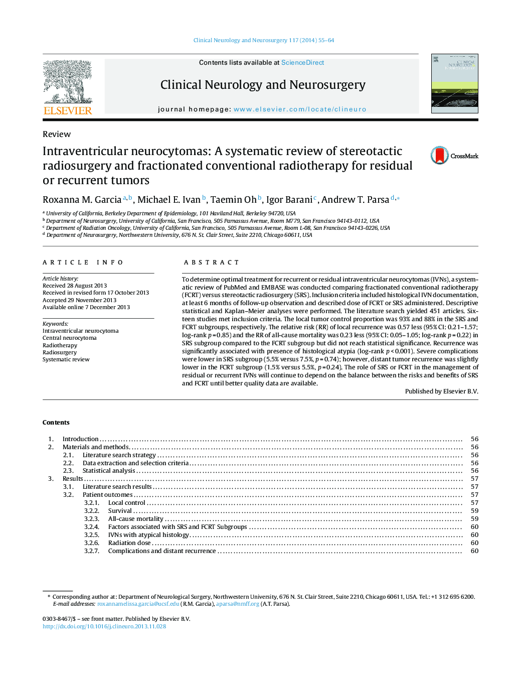 Intraventricular neurocytomas: A systematic review of stereotactic radiosurgery and fractionated conventional radiotherapy for residual or recurrent tumors