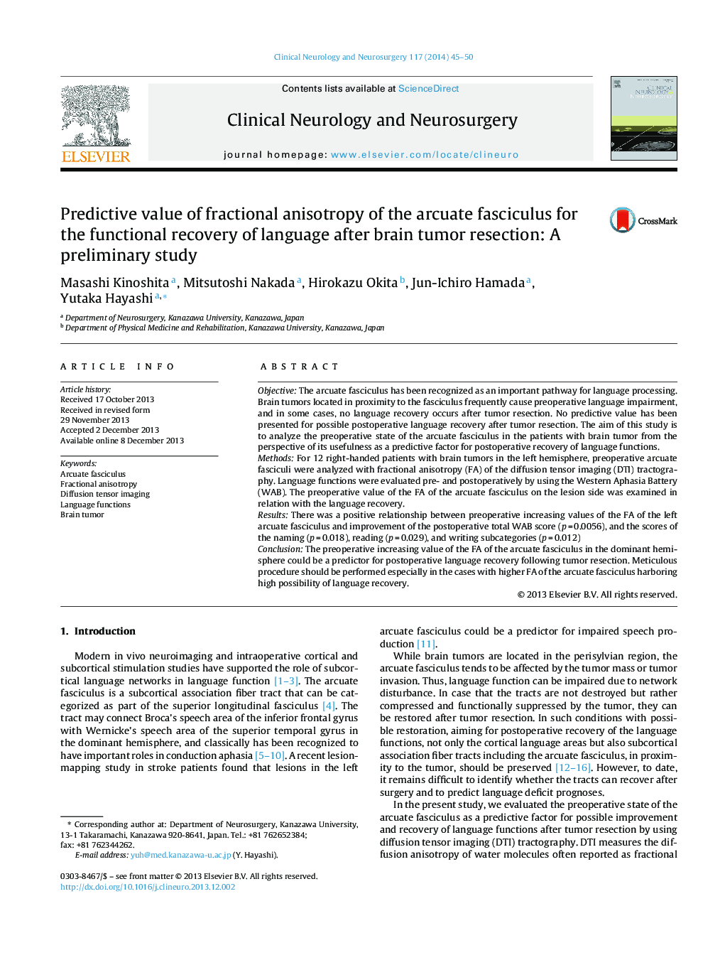 Predictive value of fractional anisotropy of the arcuate fasciculus for the functional recovery of language after brain tumor resection: A preliminary study