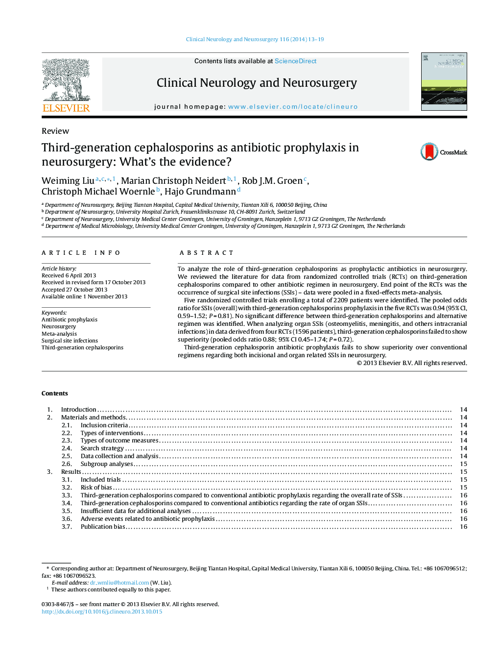 Third-generation cephalosporins as antibiotic prophylaxis in neurosurgery: What's the evidence?