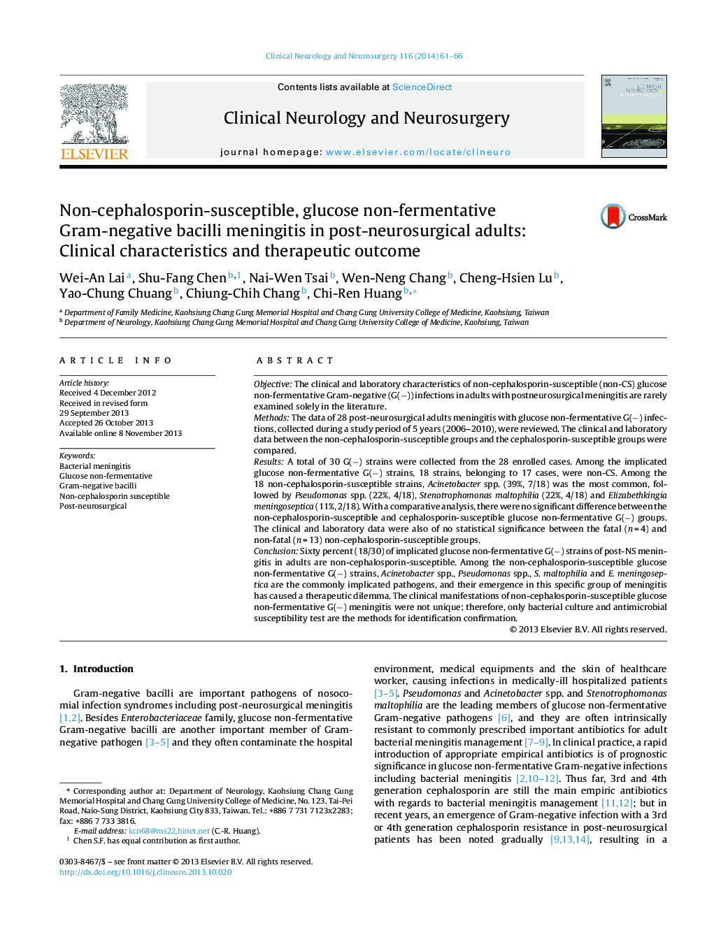 Non-cephalosporin-susceptible, glucose non-fermentative Gram-negative bacilli meningitis in post-neurosurgical adults: Clinical characteristics and therapeutic outcome