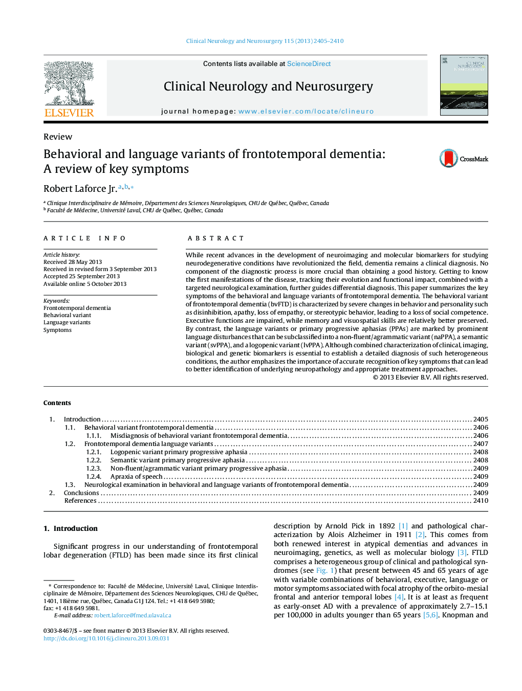 Behavioral and language variants of frontotemporal dementia: A review of key symptoms