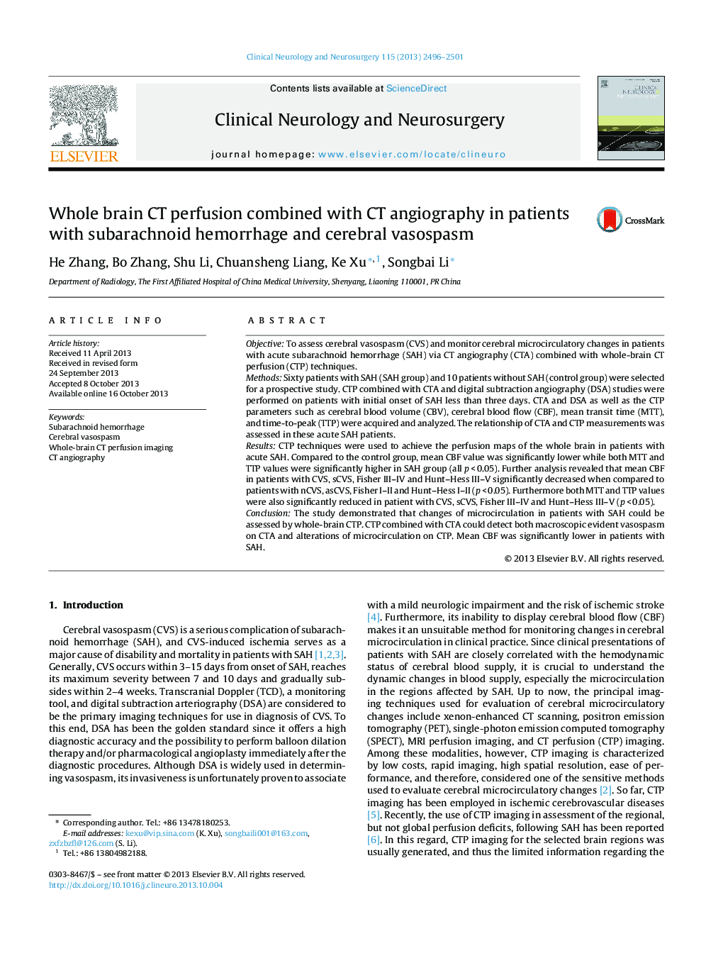 Whole brain CT perfusion combined with CT angiography in patients with subarachnoid hemorrhage and cerebral vasospasm