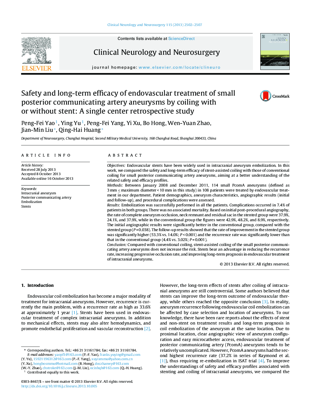 Safety and long-term efficacy of endovascular treatment of small posterior communicating artery aneurysms by coiling with or without stent: A single center retrospective study