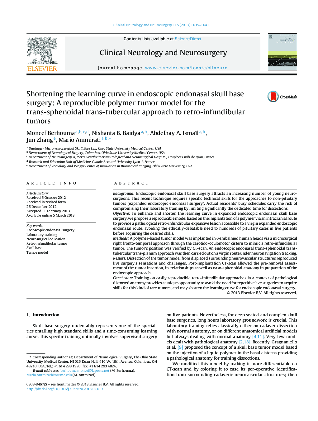 Shortening the learning curve in endoscopic endonasal skull base surgery: A reproducible polymer tumor model for the trans-sphenoidal trans-tubercular approach to retro-infundibular tumors