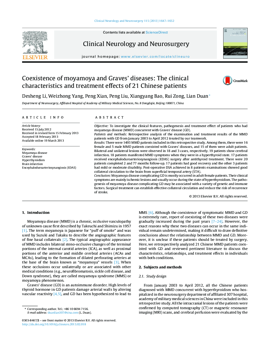 Coexistence of moyamoya and Graves’ diseases: The clinical characteristics and treatment effects of 21 Chinese patients