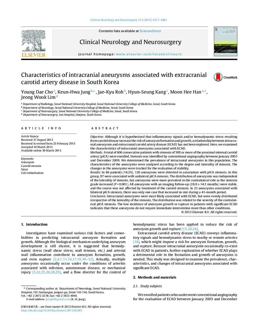 Characteristics of intracranial aneurysms associated with extracranial carotid artery disease in South Korea