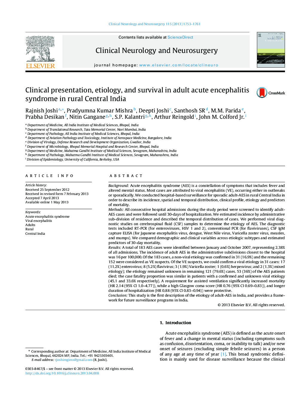 Clinical presentation, etiology, and survival in adult acute encephalitis syndrome in rural Central India