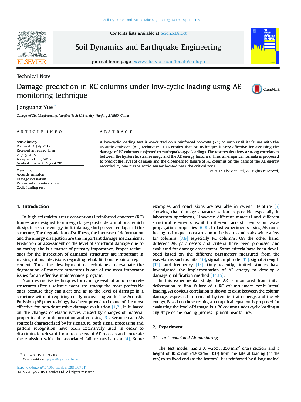 Damage prediction in RC columns under low-cyclic loading using AE monitoring technique