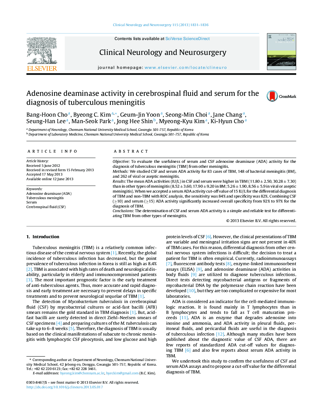 Adenosine deaminase activity in cerebrospinal fluid and serum for the diagnosis of tuberculous meningitis