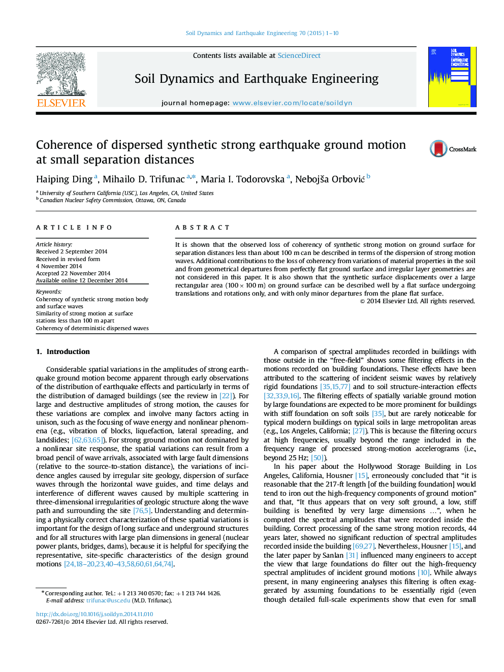 Coherence of dispersed synthetic strong earthquake ground motion at small separation distances