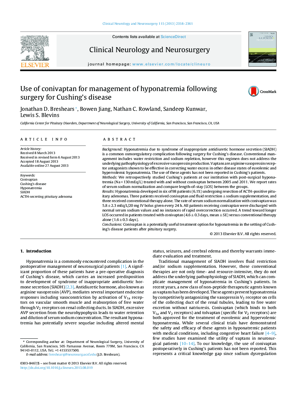 Use of conivaptan for management of hyponatremia following surgery for Cushing's disease