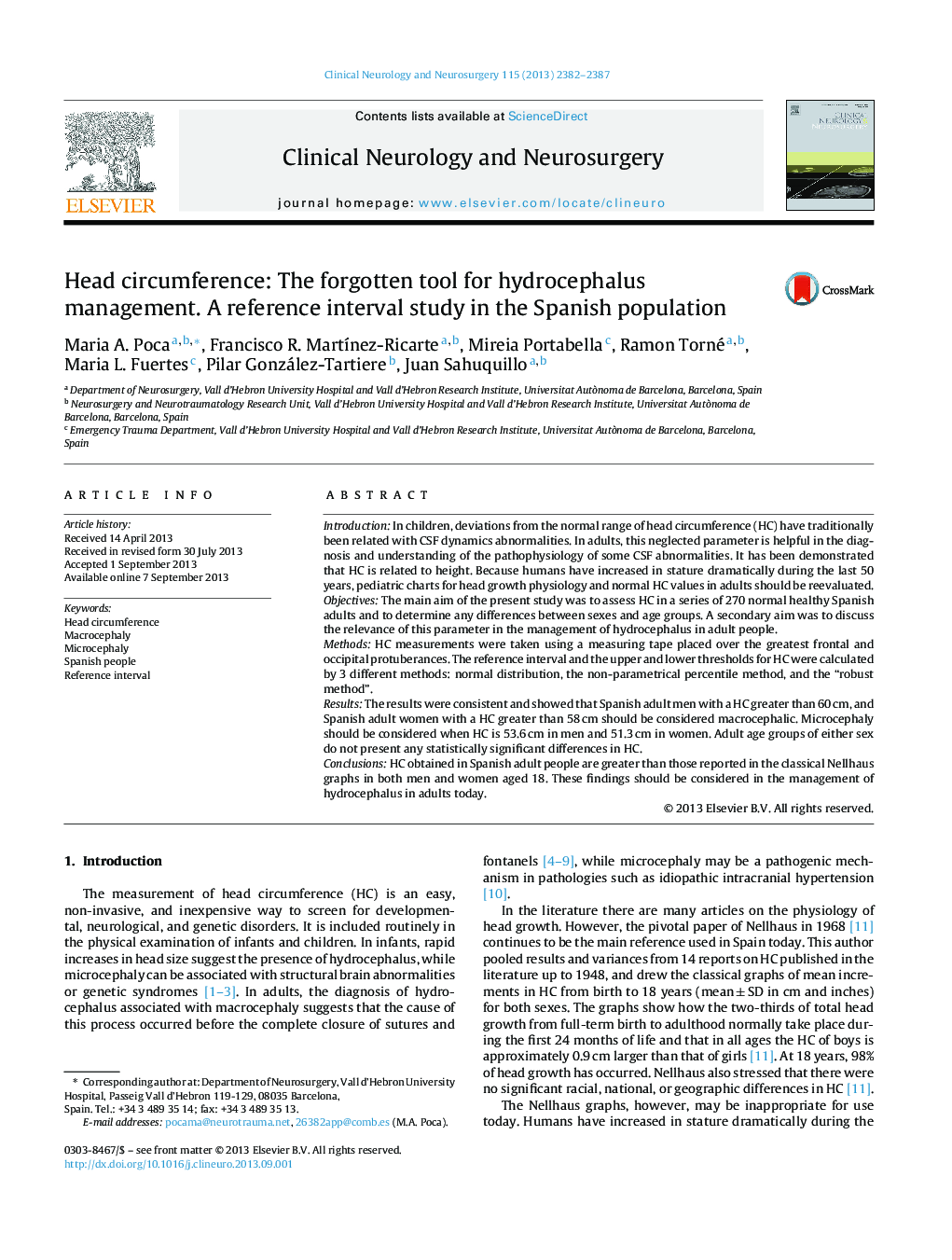 Head circumference: The forgotten tool for hydrocephalus management. A reference interval study in the Spanish population